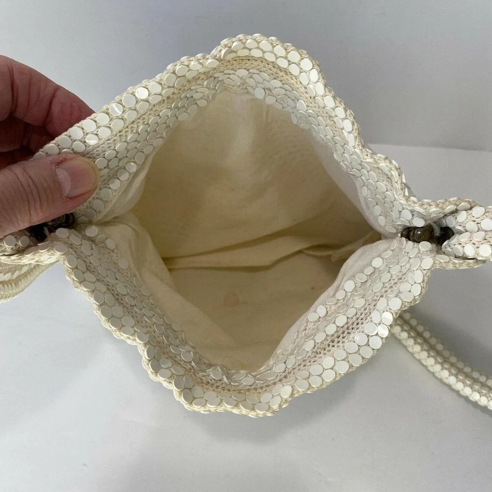 Vintage Handmade White Sequin Mesh Shoulder Bag Purse Hinged Opening